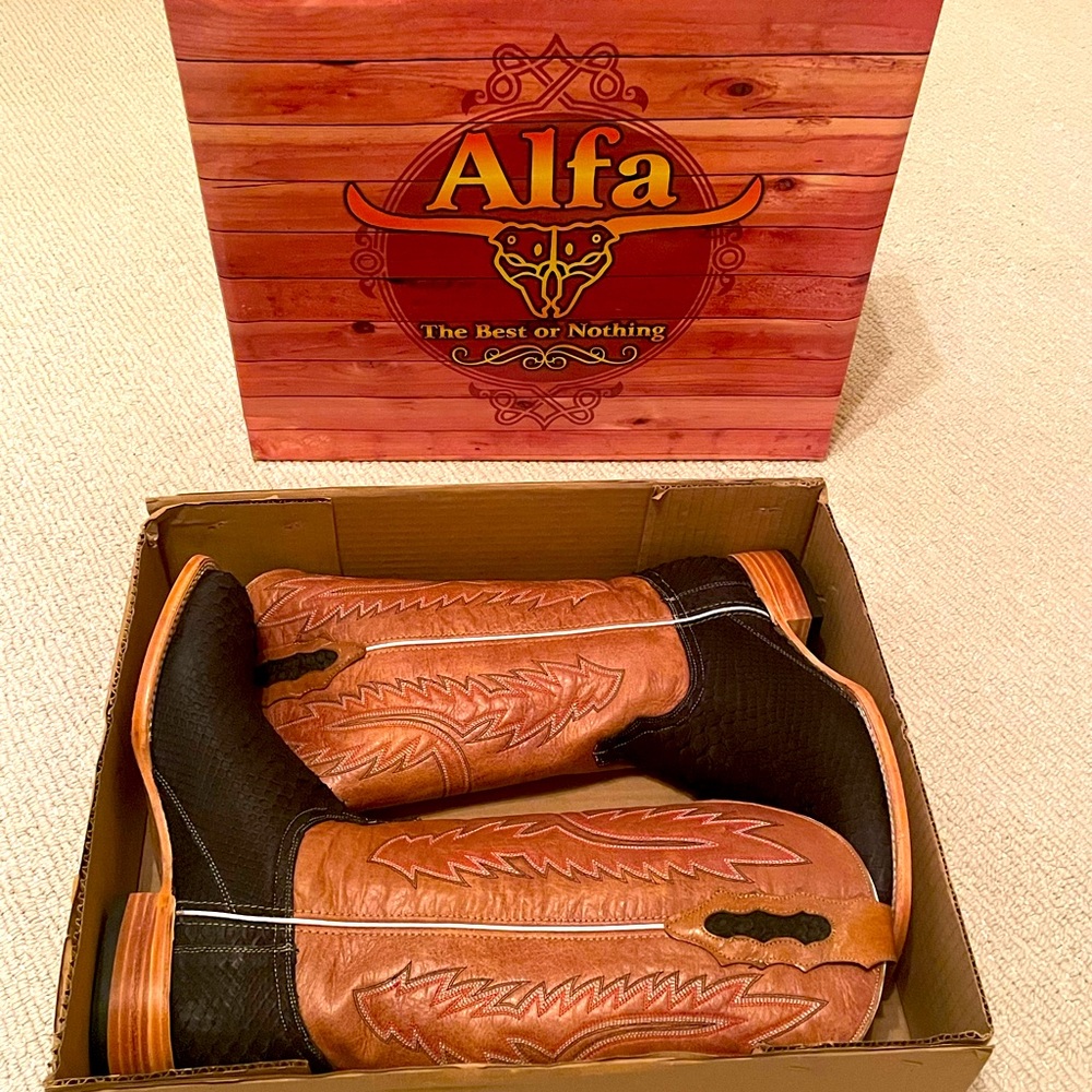 Matte Black genuine Python square toe cowboy boots